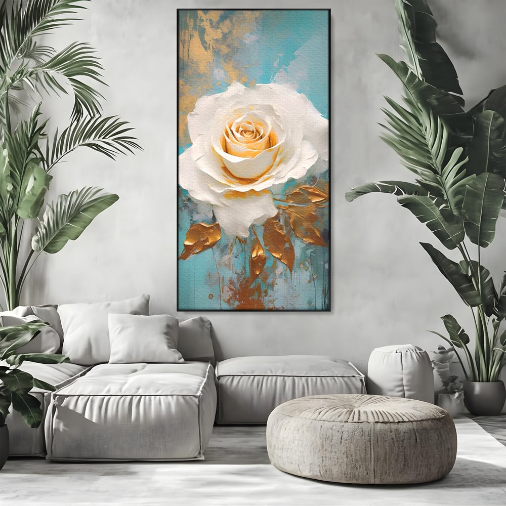 Tablou canvas cu tablou canvas cu trandafir alb, in rama de aluminiu negru, pe perete intr-un living